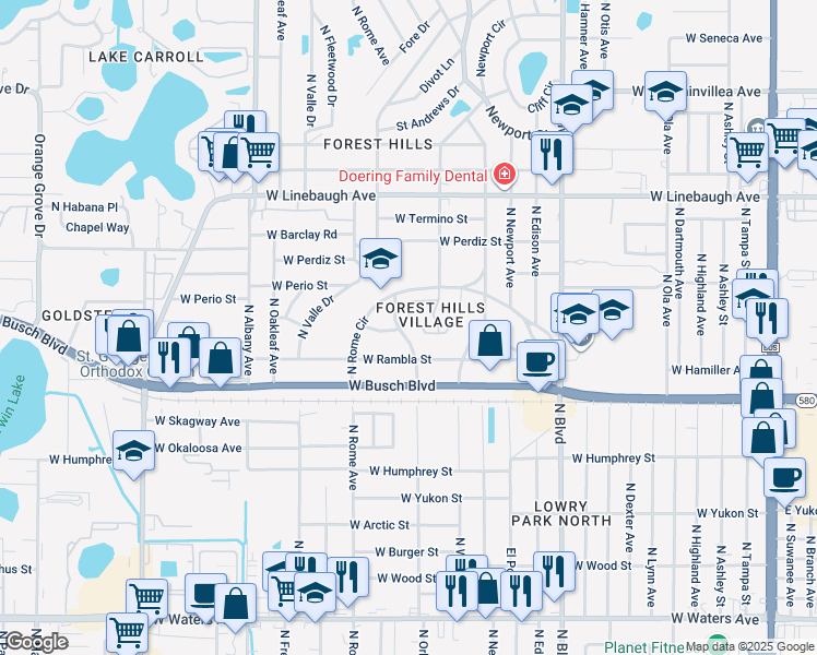 map of restaurants, bars, coffee shops, grocery stores, and more near 9456 Forest Hills Circle in Tampa