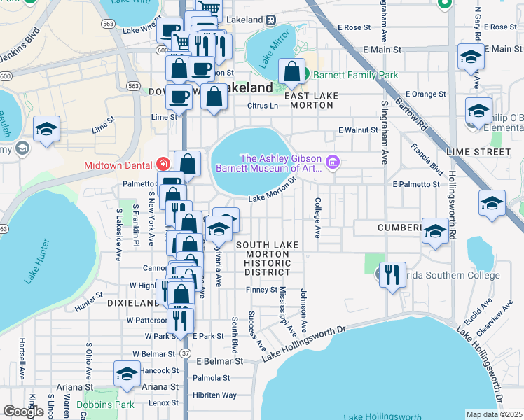map of restaurants, bars, coffee shops, grocery stores, and more near 803 Orange Park Avenue in Lakeland