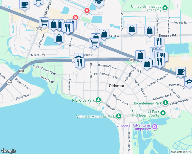 map of restaurants, bars, coffee shops, grocery stores, and more near 411 South Bayview Boulevard in Oldsmar
