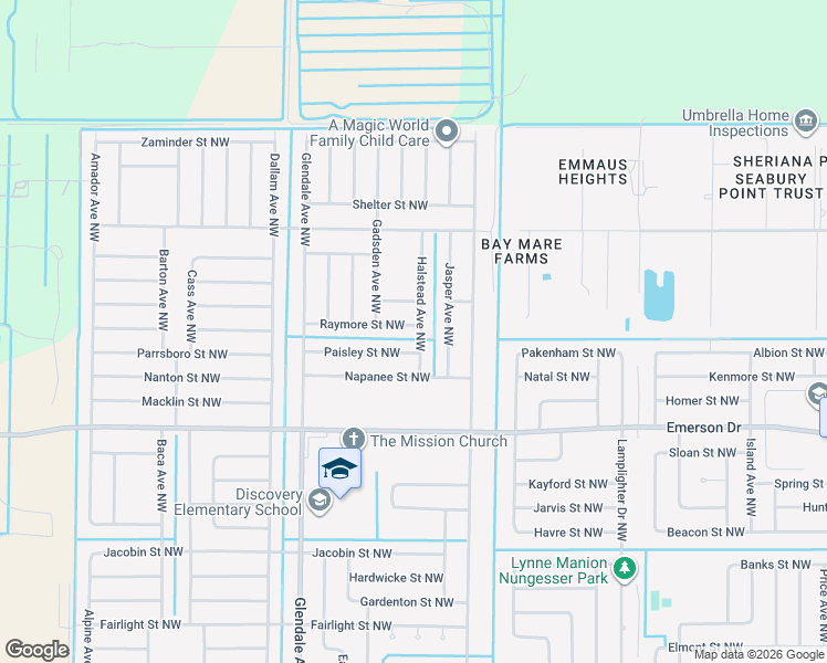 map of restaurants, bars, coffee shops, grocery stores, and more near 1441 Halstead Avenue Northwest in Palm Bay