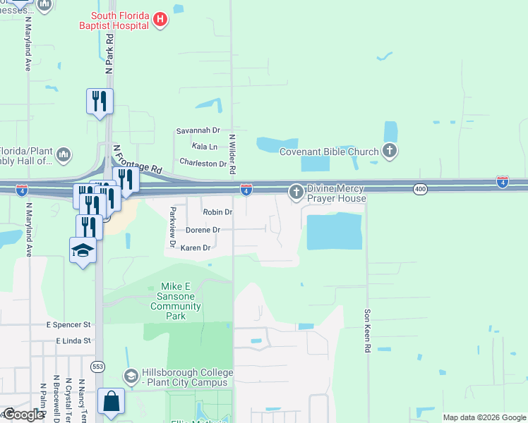 map of restaurants, bars, coffee shops, grocery stores, and more near 2805 South Frontage Road in Plant City