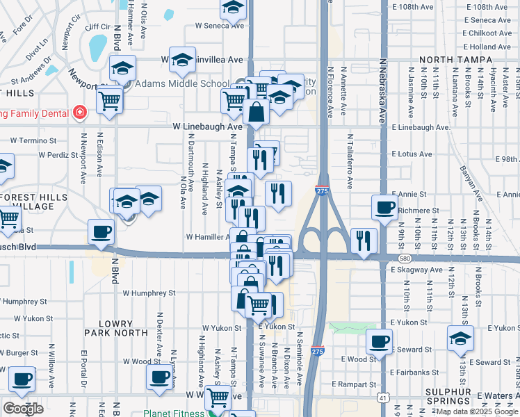 map of restaurants, bars, coffee shops, grocery stores, and more near 9320 North Florida Avenue in Tampa