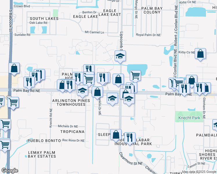 map of restaurants, bars, coffee shops, grocery stores, and more near 2155 Palm Bay Road Northeast in Palm Bay