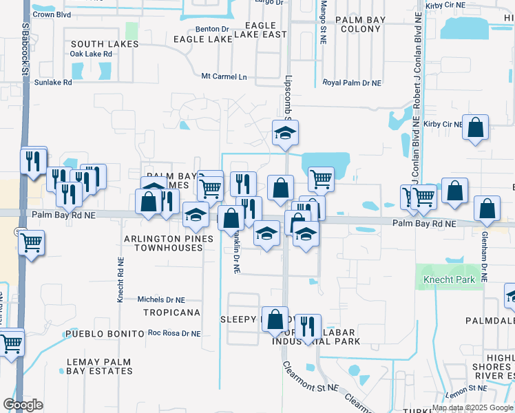 map of restaurants, bars, coffee shops, grocery stores, and more near in Palm Bay