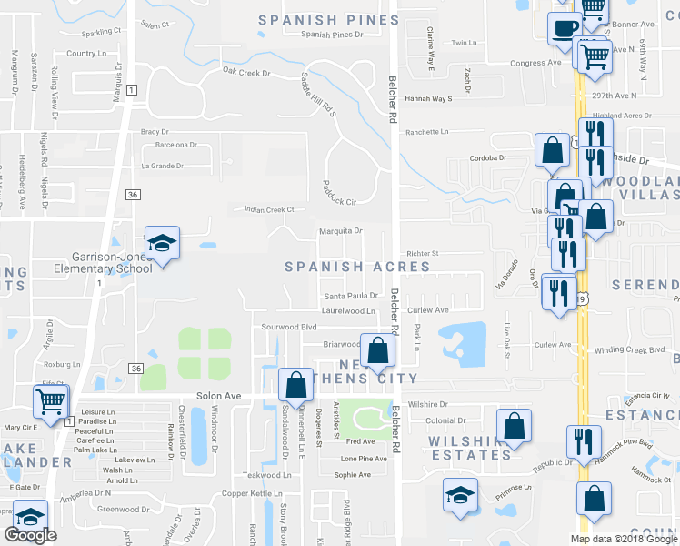 map of restaurants, bars, coffee shops, grocery stores, and more near 2182 Chantilly Lane in Dunedin