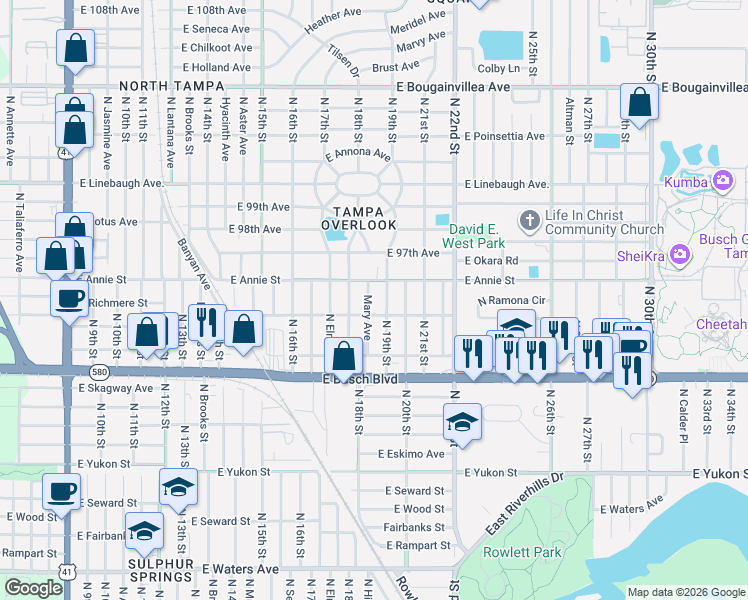map of restaurants, bars, coffee shops, grocery stores, and more near 9407 Mary Avenue in Tampa