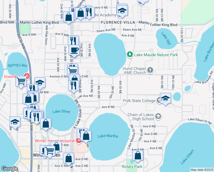 map of restaurants, bars, coffee shops, grocery stores, and more near 434 Avenue North Northeast in Winter Haven