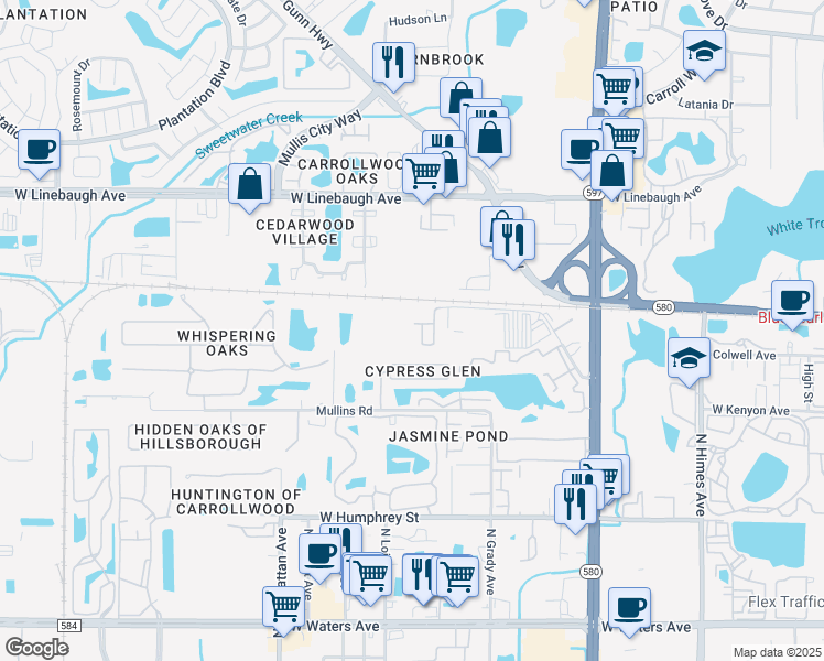 map of restaurants, bars, coffee shops, grocery stores, and more near 9543 Lazy Lane in Tampa