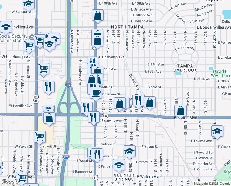 map of restaurants, bars, coffee shops, grocery stores, and more near 9405 North 10th Street in Tampa