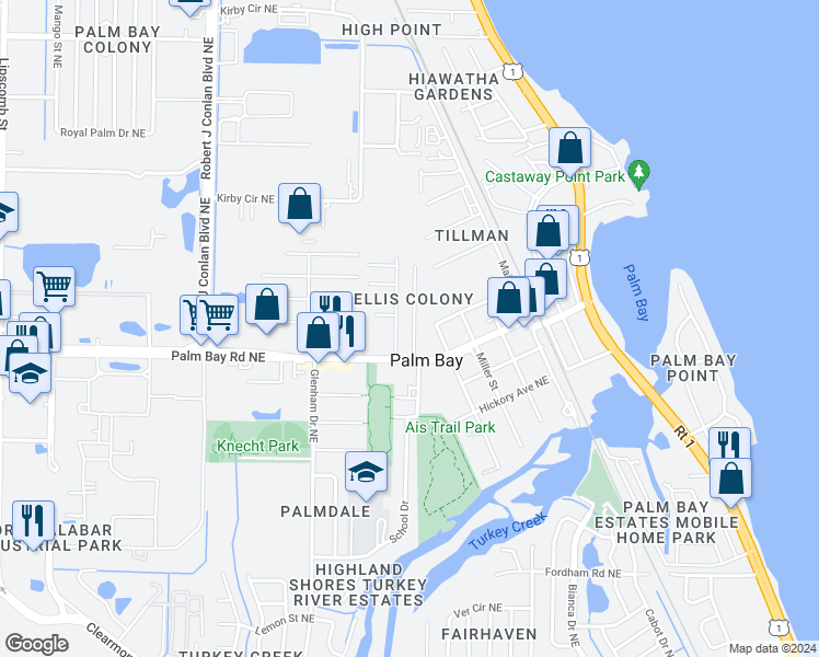 map of restaurants, bars, coffee shops, grocery stores, and more near 1520 Magnolia Street Northeast in Palm Bay