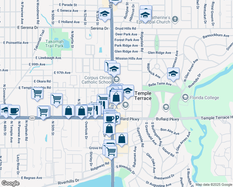 map of restaurants, bars, coffee shops, grocery stores, and more near 9390-9428 North 56th Street in Temple Terrace