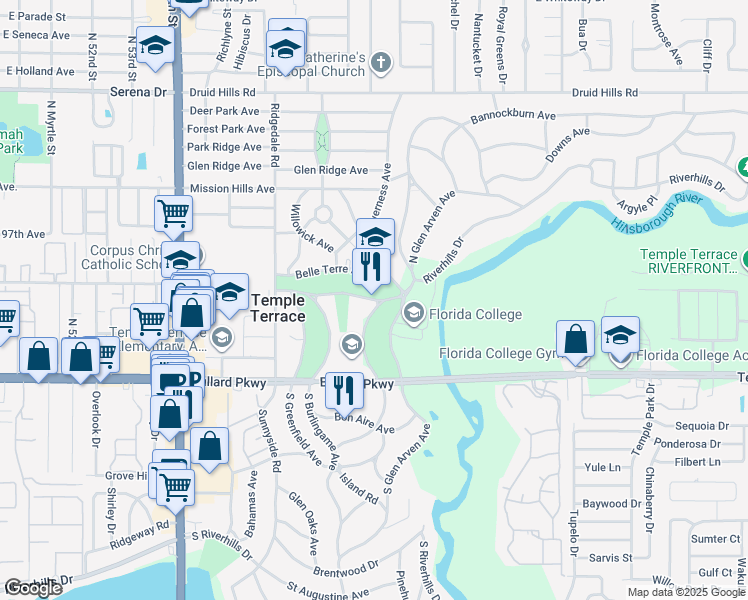 map of restaurants, bars, coffee shops, grocery stores, and more near 415 Woodmont Ave in Temple Terrace