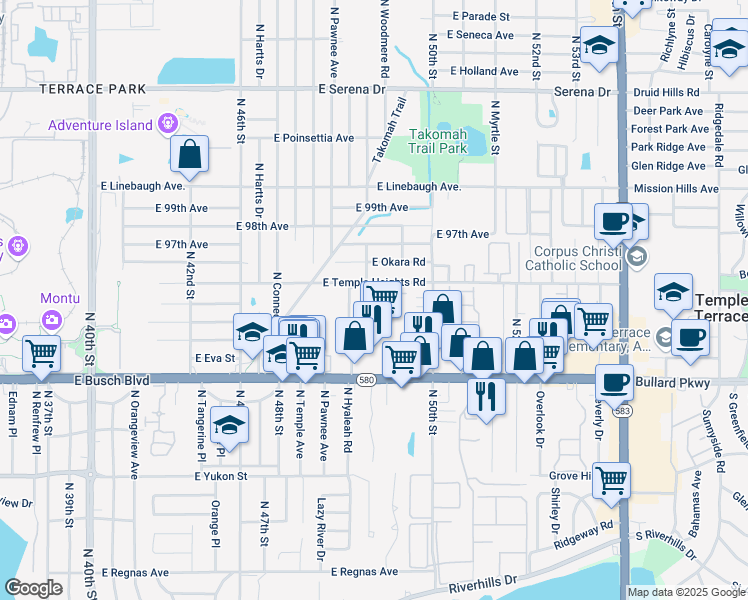 map of restaurants, bars, coffee shops, grocery stores, and more near 4817 East Temple Heights Road in Tampa