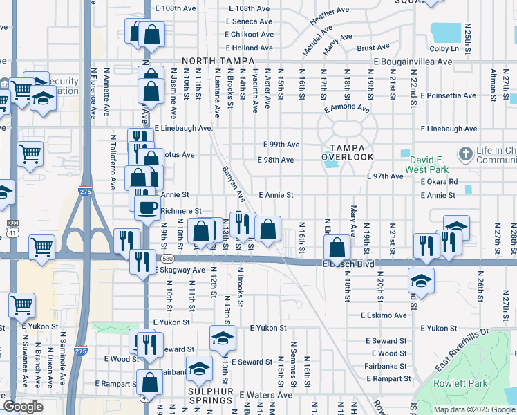 map of restaurants, bars, coffee shops, grocery stores, and more near 9408 North Mulberry Street in Tampa