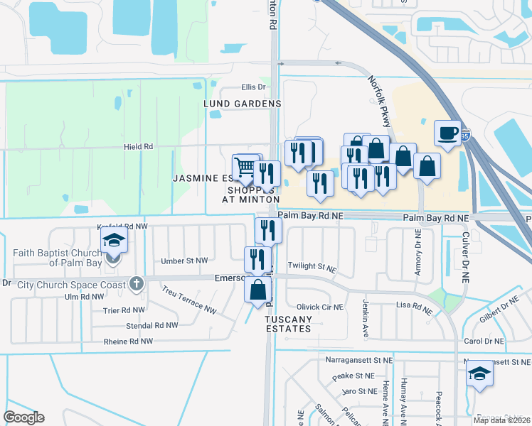 map of restaurants, bars, coffee shops, grocery stores, and more near in Palm Bay