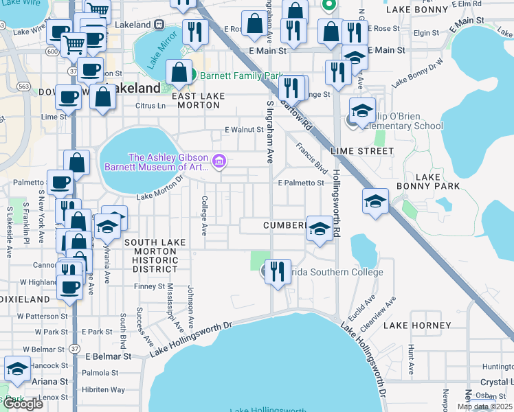 map of restaurants, bars, coffee shops, grocery stores, and more near 724 Angelina Lane in Lakeland