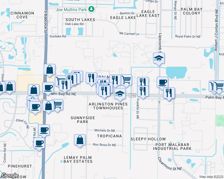 map of restaurants, bars, coffee shops, grocery stores, and more near 2101 Palm Bay Road Northeast in Palm Bay