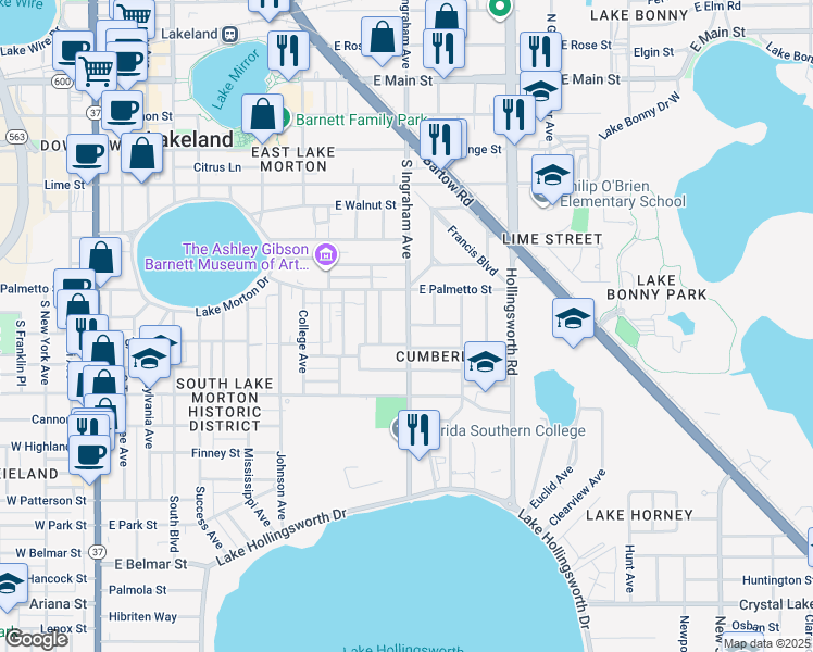 map of restaurants, bars, coffee shops, grocery stores, and more near 959 Cumberland Street in Lakeland