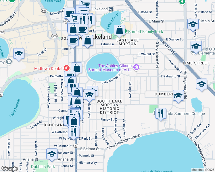map of restaurants, bars, coffee shops, grocery stores, and more near 803 Orange Park Avenue in Lakeland