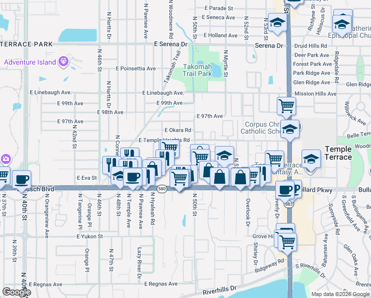 map of restaurants, bars, coffee shops, grocery stores, and more near 9412 North 50th Street in Tampa