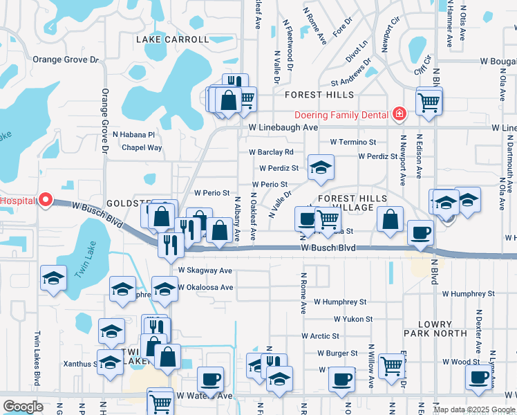 map of restaurants, bars, coffee shops, grocery stores, and more near 9301 North Oakleaf Avenue in Tampa