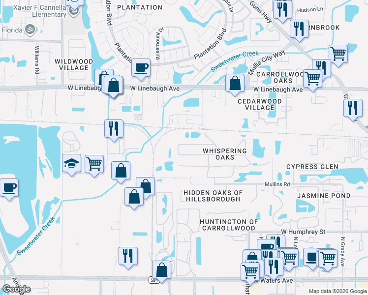 map of restaurants, bars, coffee shops, grocery stores, and more near 4761 Whispering Wind Avenue in Tampa