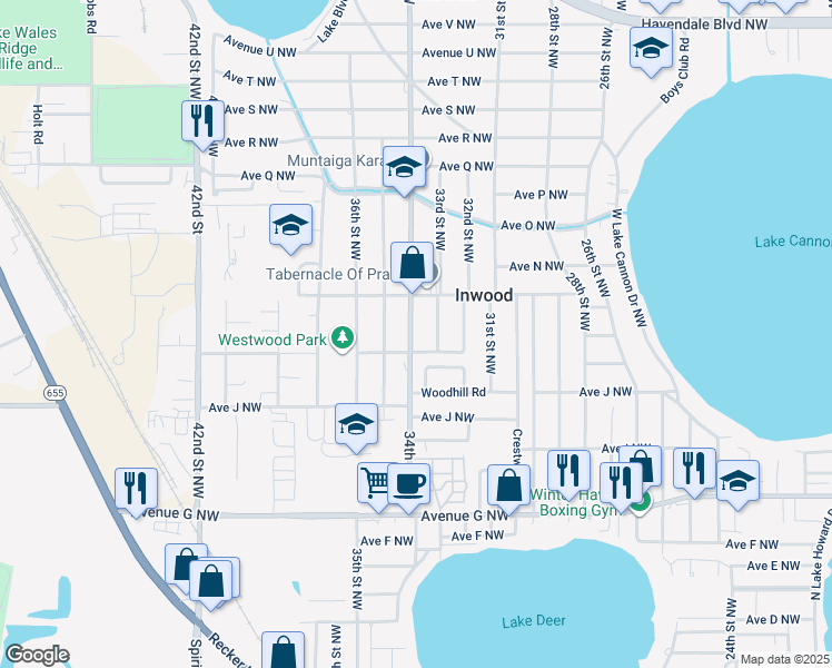 map of restaurants, bars, coffee shops, grocery stores, and more near 1262 34th Street Northwest in Winter Haven