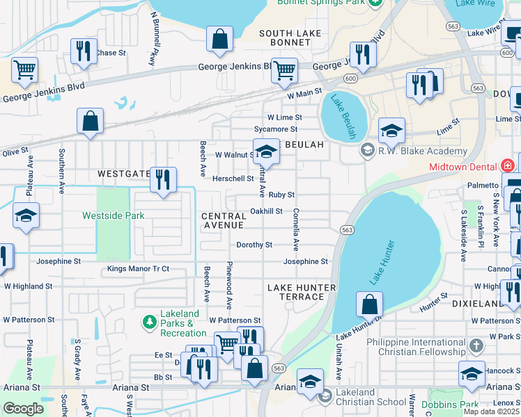 map of restaurants, bars, coffee shops, grocery stores, and more near 810 South Central Avenue in Lakeland