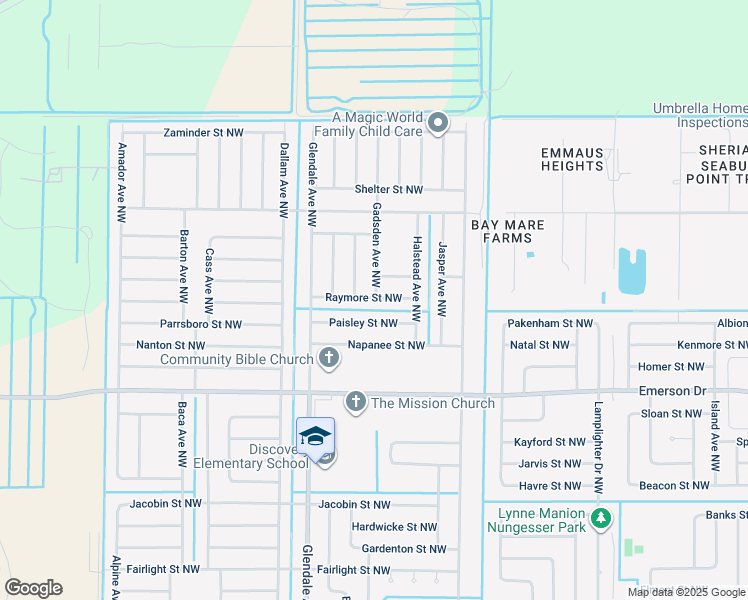map of restaurants, bars, coffee shops, grocery stores, and more near 1553 Paisley Street Northwest in Palm Bay