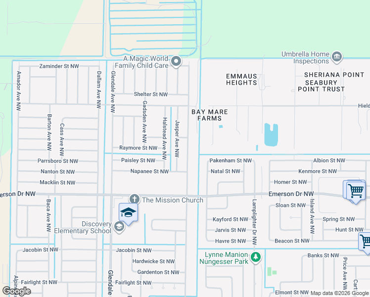 map of restaurants, bars, coffee shops, grocery stores, and more near 1474 Glencove Avenue Northwest in Palm Bay