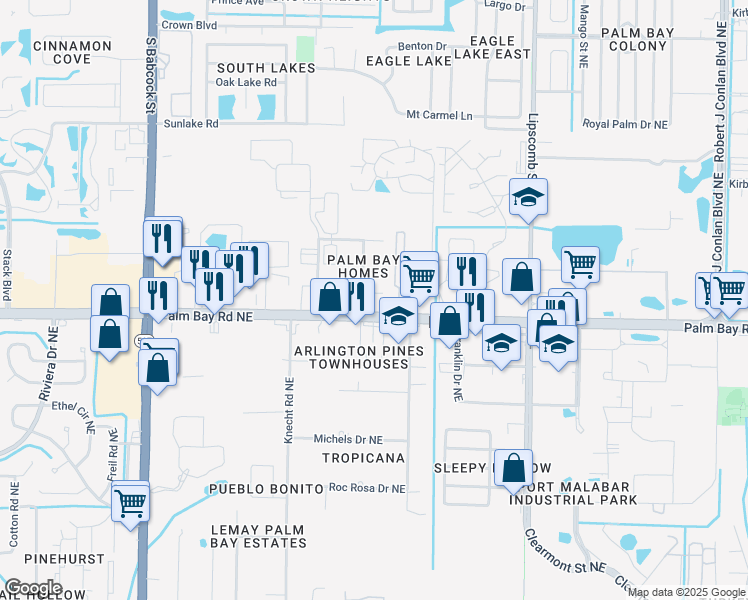 map of restaurants, bars, coffee shops, grocery stores, and more near 2101 Palm Bay Road Northeast in Palm Bay
