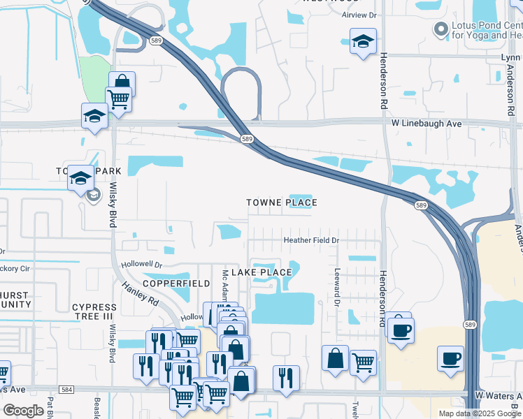 map of restaurants, bars, coffee shops, grocery stores, and more near 9703 Kings Canyon Place in Tampa