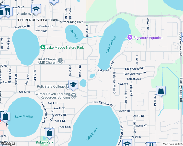 map of restaurants, bars, coffee shops, grocery stores, and more near 204 Country Lane Northeast in Winter Haven