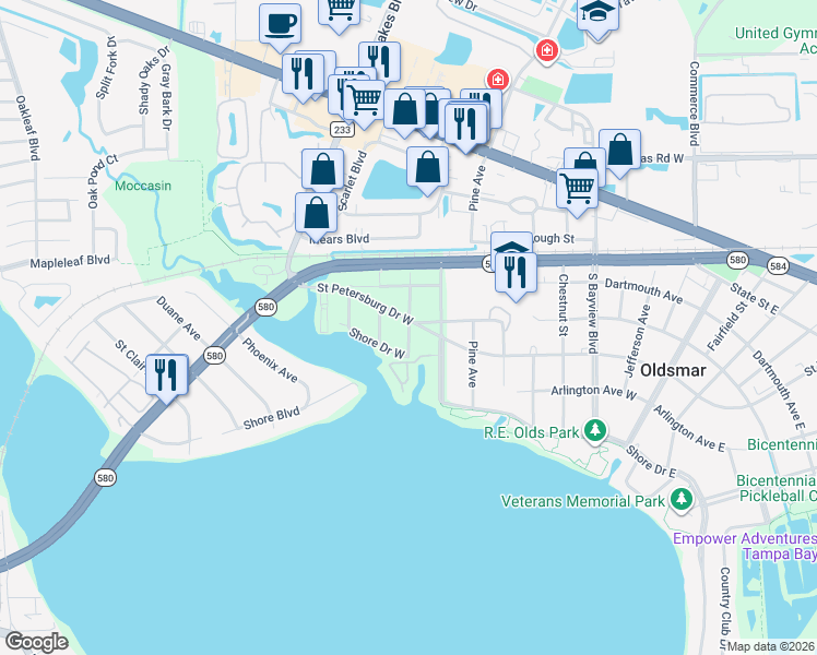 map of restaurants, bars, coffee shops, grocery stores, and more near 410 Woodward Avenue in Oldsmar