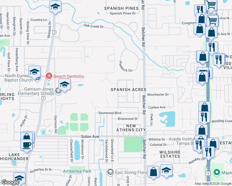 map of restaurants, bars, coffee shops, grocery stores, and more near 2175 Chantilly Lane in Dunedin