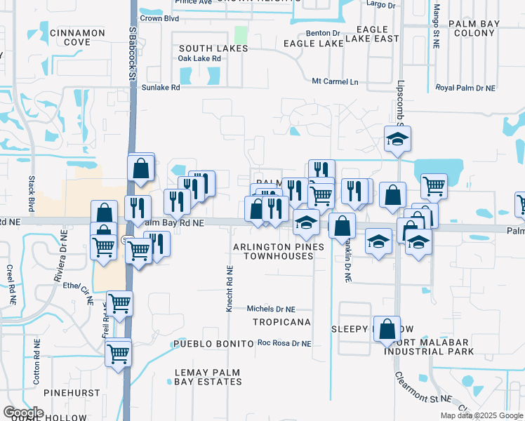 map of restaurants, bars, coffee shops, grocery stores, and more near 1975 Palm Bay Road Northeast in Palm Bay