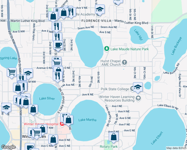 map of restaurants, bars, coffee shops, grocery stores, and more near 1243 1/2 6th Street Northeast in Winter Haven