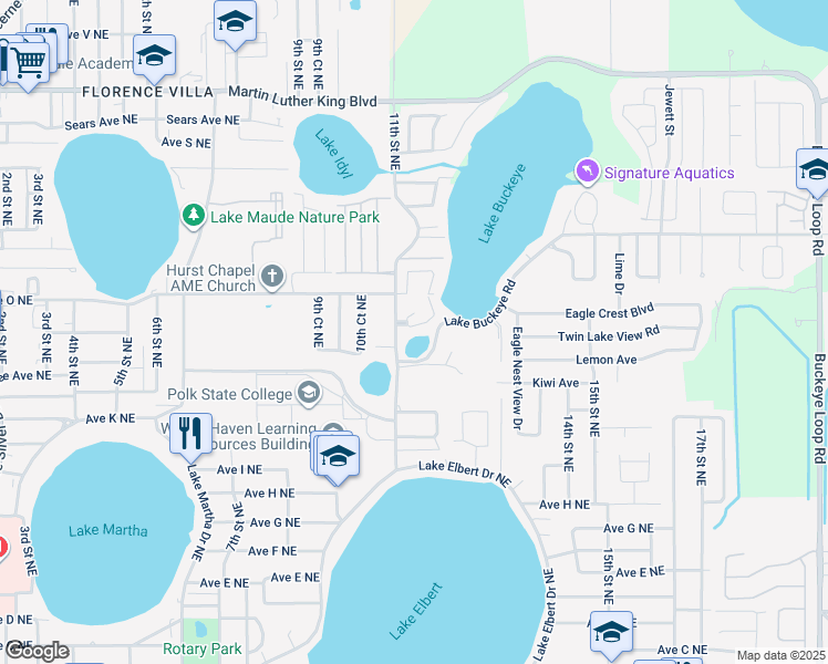 map of restaurants, bars, coffee shops, grocery stores, and more near 204 Country Lane Northeast in Winter Haven