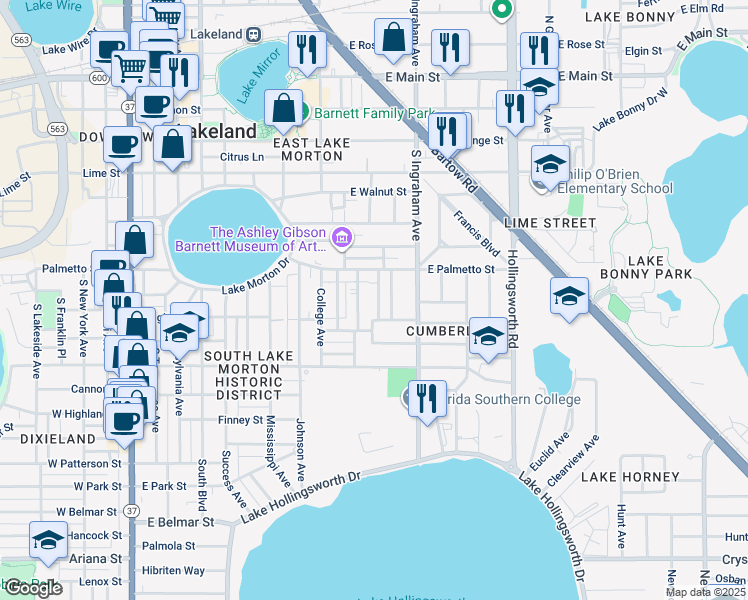 map of restaurants, bars, coffee shops, grocery stores, and more near 752 Winfree Avenue in Lakeland
