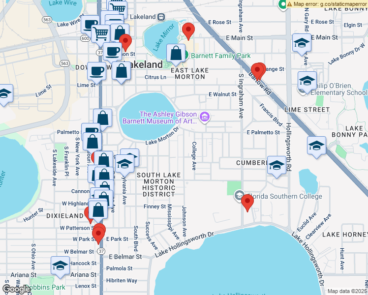map of restaurants, bars, coffee shops, grocery stores, and more near 802 Johnson Avenue in Lakeland