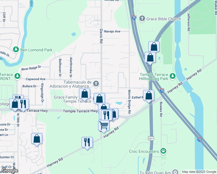 map of restaurants, bars, coffee shops, grocery stores, and more near 8706 Morrison Oaks Court in Tampa
