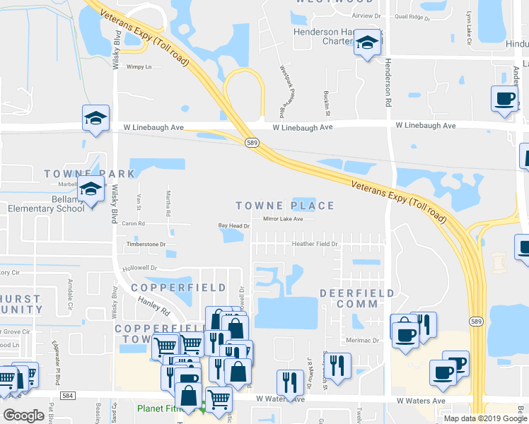 map of restaurants, bars, coffee shops, grocery stores, and more near 6902 Mirror Lake Avenue in Tampa