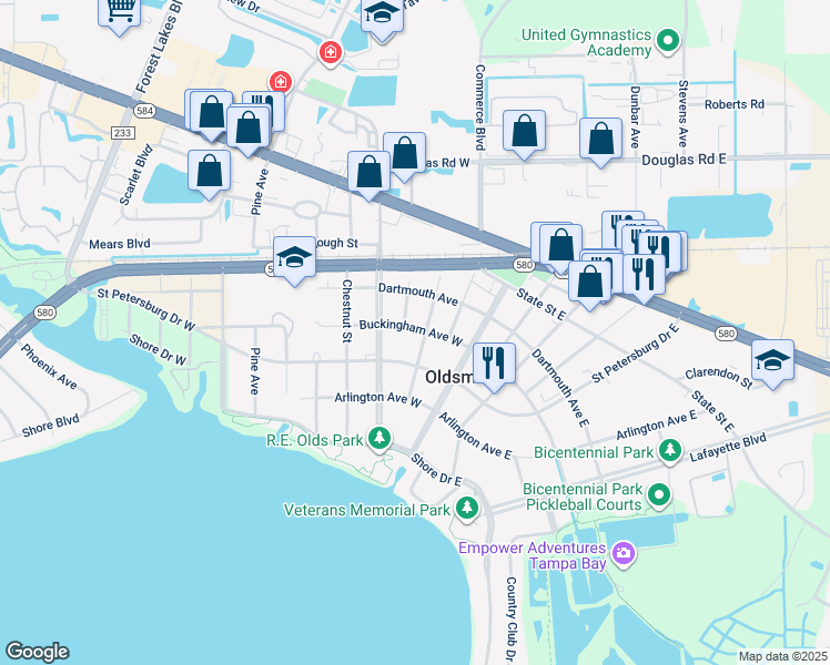 map of restaurants, bars, coffee shops, grocery stores, and more near 409 Jefferson Avenue in Oldsmar
