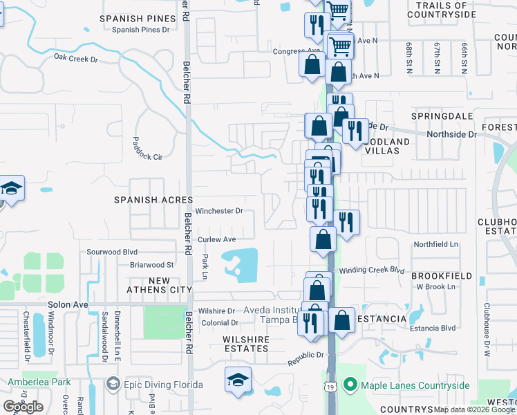 map of restaurants, bars, coffee shops, grocery stores, and more near 3116 Winchester Drive in Dunedin