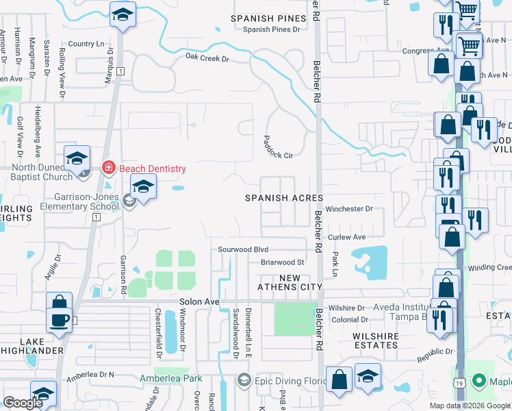 map of restaurants, bars, coffee shops, grocery stores, and more near 2175 Chantilly Lane in Dunedin