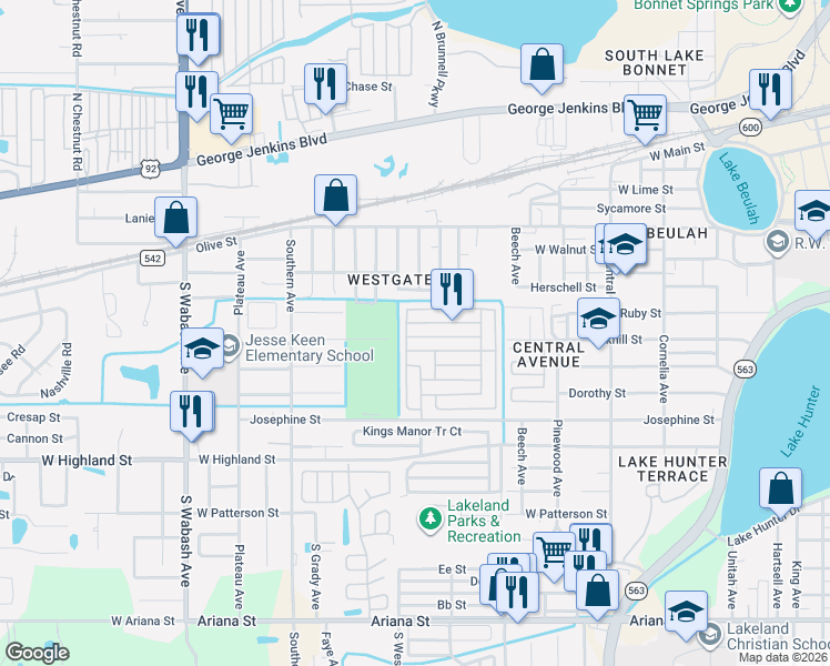 map of restaurants, bars, coffee shops, grocery stores, and more near 1623 Palamino Way in Lakeland