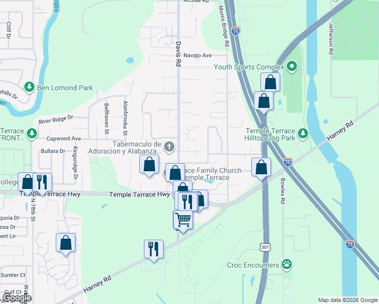 map of restaurants, bars, coffee shops, grocery stores, and more near 8700 Copeland Road in Tampa