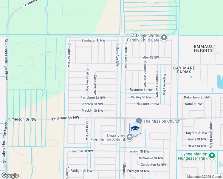 map of restaurants, bars, coffee shops, grocery stores, and more near 1731 Parrsboro Street Northwest in Palm Bay