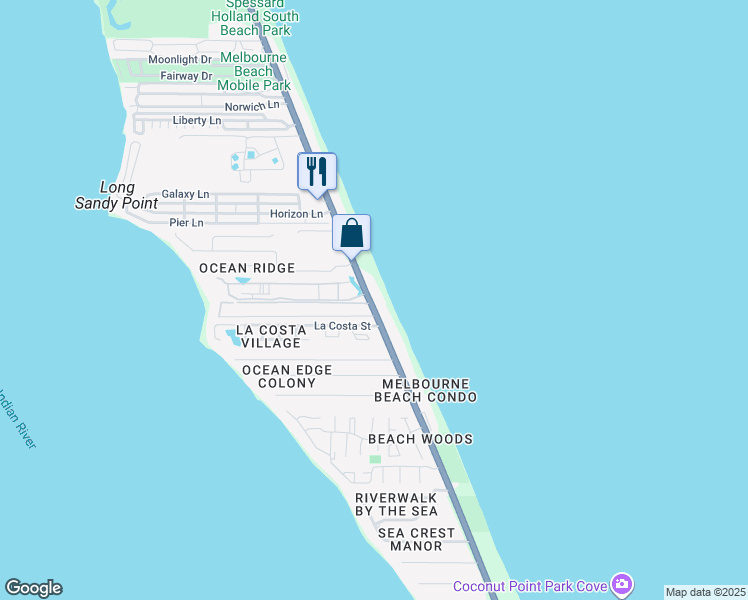map of restaurants, bars, coffee shops, grocery stores, and more near 3037 South Highway A1A in Melbourne Beach