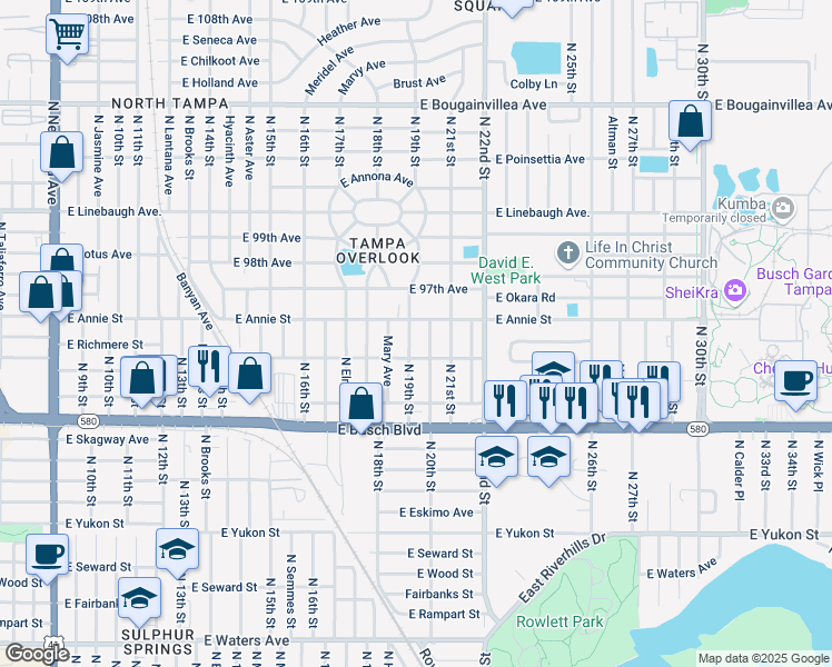 map of restaurants, bars, coffee shops, grocery stores, and more near 1908 East Annie Street in Tampa